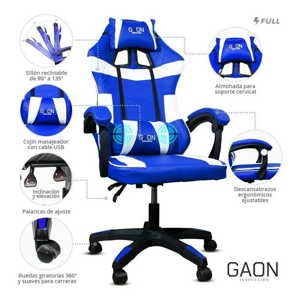 Silla Gamer Ergonomica Giratoria Femmto Ge002-azul Para Escritorio Pc Gaming  Reclinable 180° Peso Maximo 150 Kg