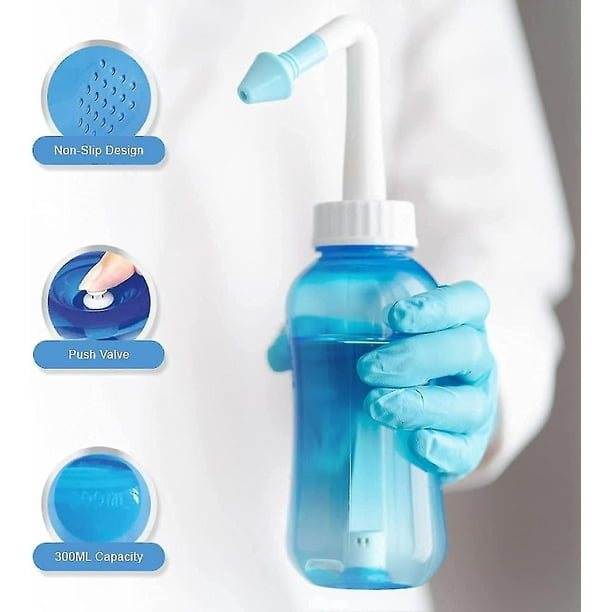 Neti Pot, kit de enjuague nasal limpiador de nariz, botella de enjuague  sinusal de 10.1 fl oz con 20 paquetes de sal de lavado nasal y 10 adhesivos  de