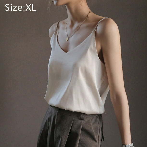 Miessial - Blusa de tirantes delgados con cuello en V, sin mangas, de satén  y estilo camisola, suave, para mujer