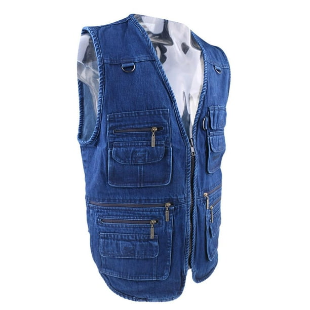 Chaleco de verano para hombre con múltiples bolsillos con cuello en V y  botones, chaleco de trabajo para fotógrafo, chaleco negro y azul, talla M