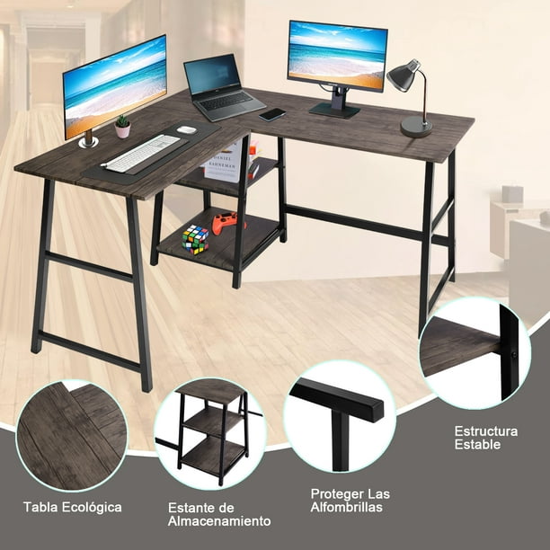 Mesa de estudio de aprendizaje minimalista, escritorio de computadora en  forma de L con estante, escritorio