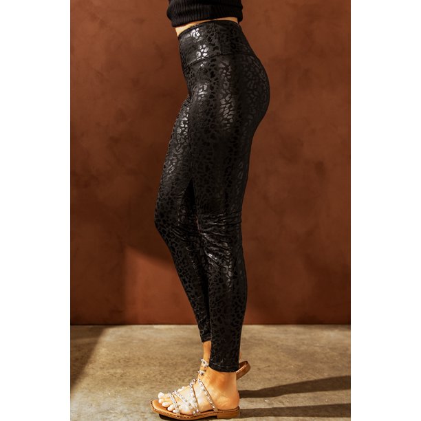 Mallas de LICRA de piel sintética para mujer, Leggings negros de