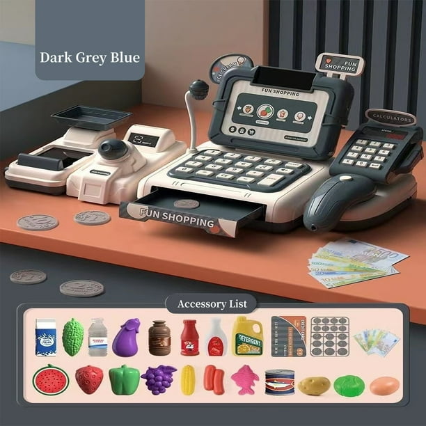Caja registradora de juegos de simulación de supermercado con calculadora,  escáner de trabajo, tarjeta de crédito, comida para jugar, dinero y más (el