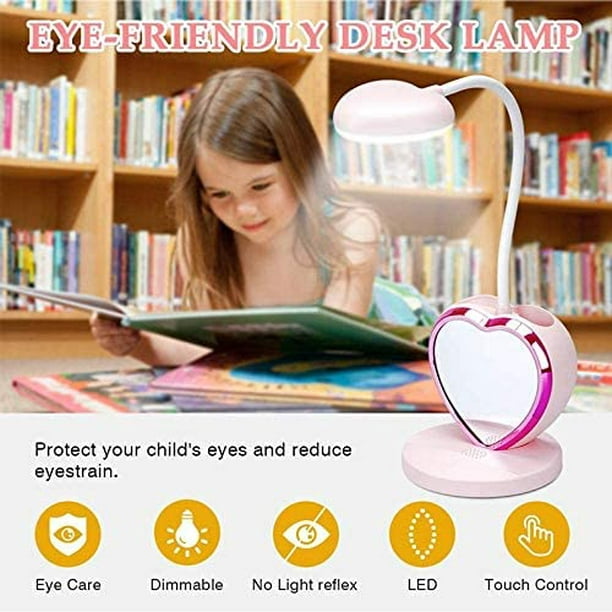 Lámpara de escritorio LED para niña, lámpara de escritorio LED recargable  con puerto de carga USB y portalápices, regulable rosa JAMW Sencillez