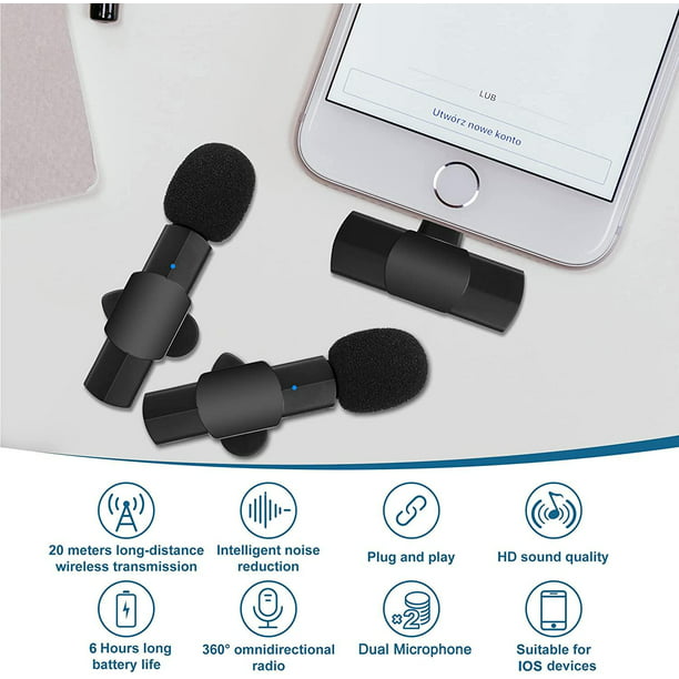 Paquete de 2 mini micrófonos inalámbricos de solapa Lavalier para iPhone,  iPad – Enchufe de micrófono doble inalámbrico y recogida de 2.4 G con