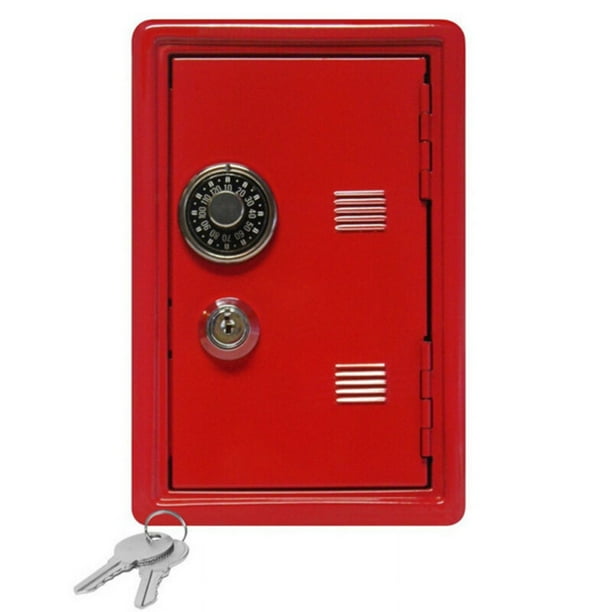 Hucha de metal rojo en forma de caja fuerte con llave