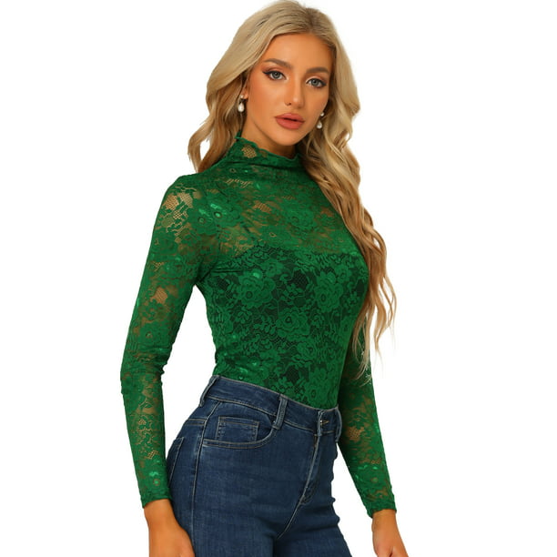 Blusa de encaje floral transparente con cuello simulado de larga mujer Verde Oscuro M Unique Bargains Blusa | Walmart en línea