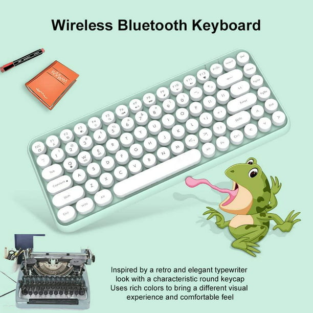 Teclado inalámbrico Bluetooth Estilo de máquina de escribir 84 teclas  Teclas redondas lindas Mini teclado, compatible con Android Windows Ios  para el hogar y la oficina Teclado retro (verde) Ormromra CZDZ-ZC117