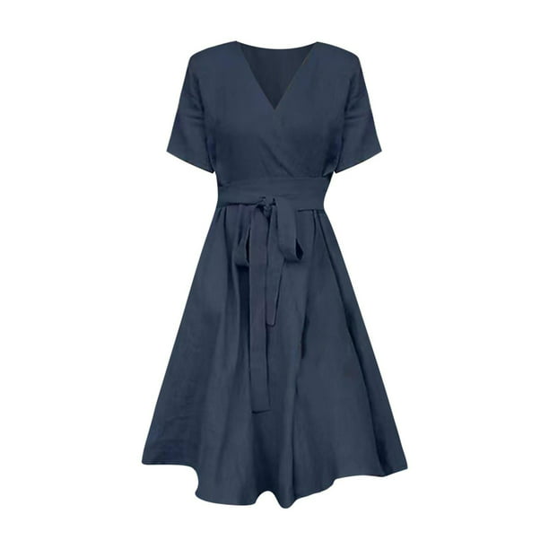 EaseHut-Vestidos Elegantes de lino y algodón para mujer, traje de verano  sin mangas, con cuello en V, talla grande 4XL 5XL