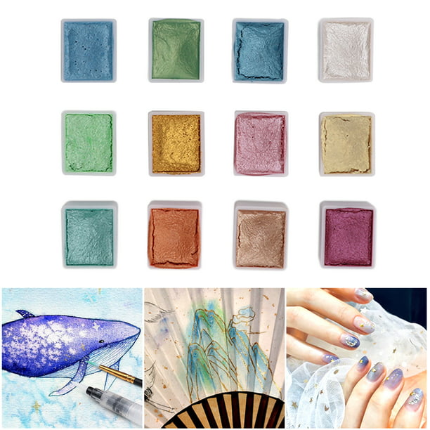 Pintura de acuarela metálica portátil, 8 colores brillantes, acuarelas  sólidas con purpurina para artistas con 1 pincel de agua para artistas