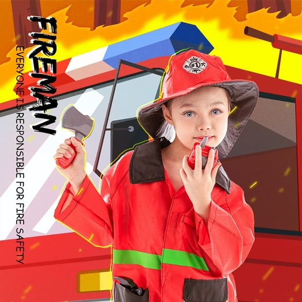 Disfraz de bombero para niños, disfraz de bombero para Halloween, disfraz  con sombrero rojo de bombero y chaleco, herramientas de juguete para niños