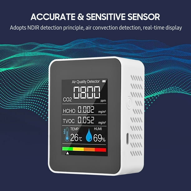 Monitor de calidad del aire para interiores, probador de calidad del aire 7  en 1 con alarma de sonido, kit de prueba de medidor de calidad del aire