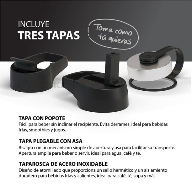 Termo Para Café Y Agua 3 Tapas Acero Inoxidable 32 Oz 950 Ml Color Negro