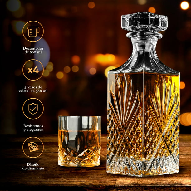 Elegante Decantador Italiano De Whisky Con Juego De 4 Vasos De Cristal  NUEVO US