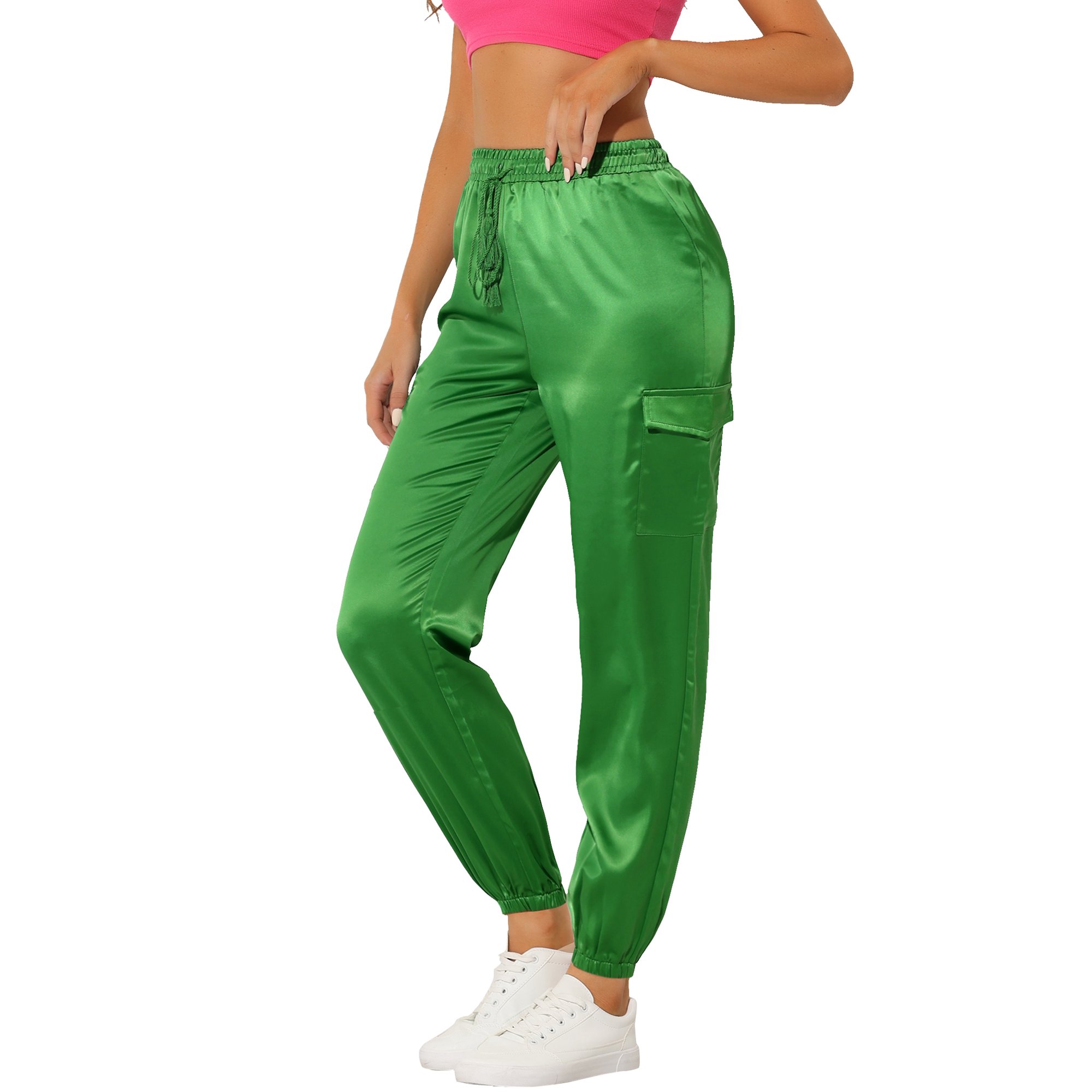 Pantalones cargo de satén sedoso de tiro alto elástico con cordón para  mujer Verde brillante L Unique Bargains Pantalones