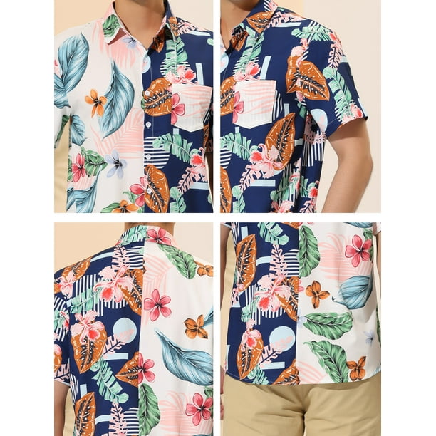 Lars Amadeus Camisa de verano con estampado de hojas para hombre, corte  regular, manga corta, flores, hawaianas, patchwork, camisas con bolsillo  Rosado azul S Lars Amadeus Camisas