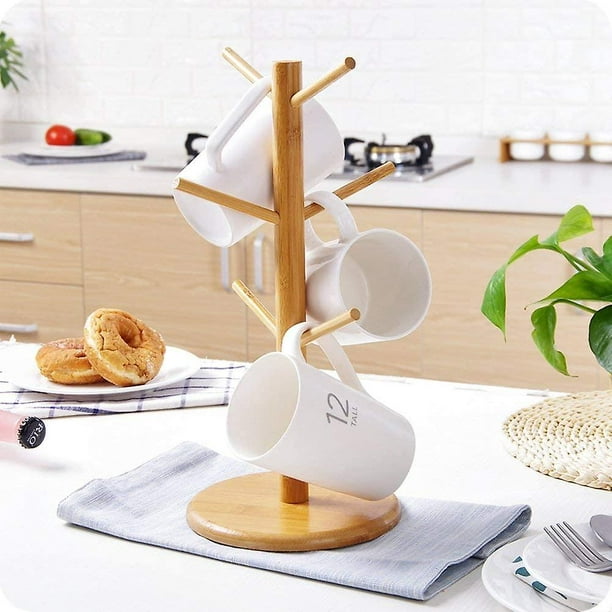 Soporte para tazas de bambú, árbol de taza de café para encimera con 6  ganchos, estante para tazas y organizador de tazas de té (cuadrado)